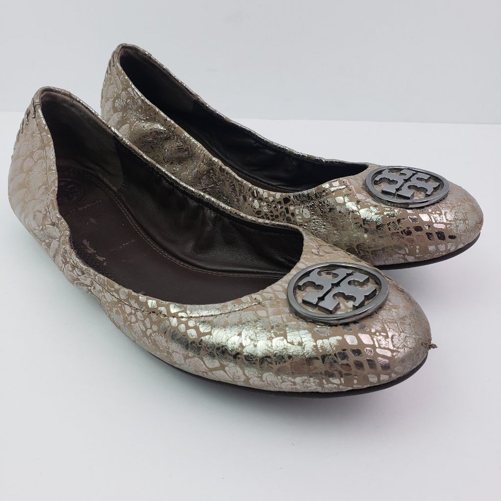 Tory Burch Heidi Womens Size 10 Pewter Snakeskin Print Leather Ballet Flats